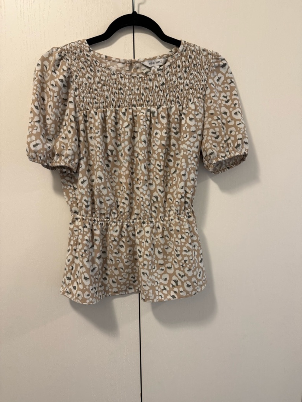 Nine West Beige and White Animal-Print Smocked Peplum Blouse